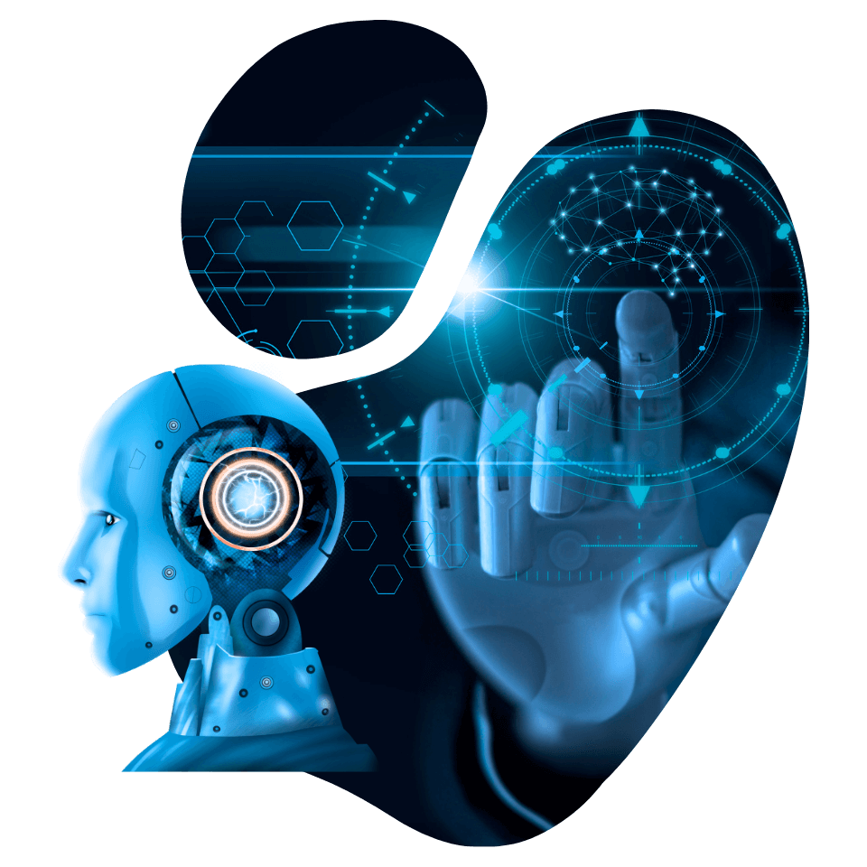 AI concept illustration — a robot and a human hand interacting through a glowing AI interface