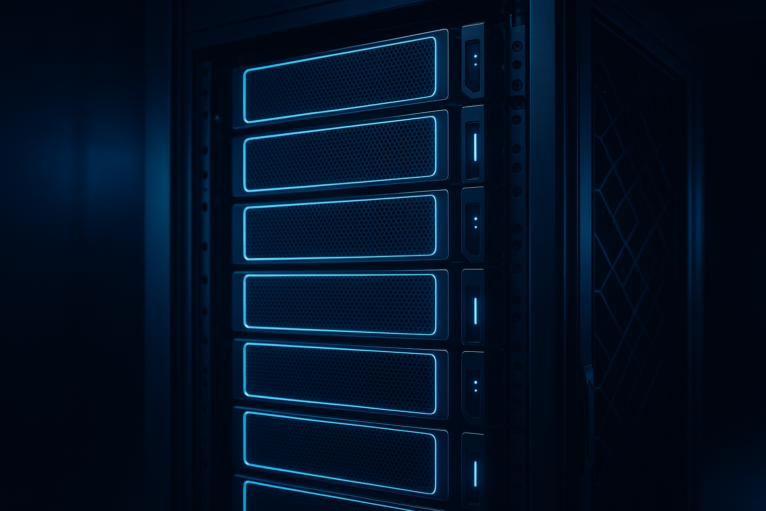 Glowing blue AI server hardware in a private data center — running AI on local silicon